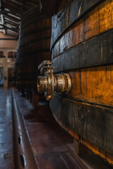 Wooden Barrels in a Winery Cellar