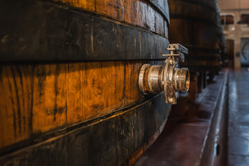 Wooden Barrels in a Winery Cellar