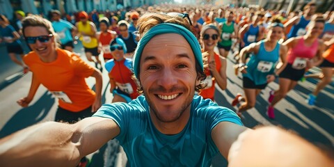 Marathon runner takes selfie with city backdrop among other runners in crowd. Concept Marathon Running, Selfie, City Backdrop, Group of Runners, Fitness Community