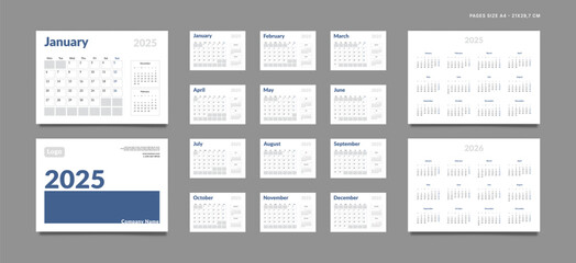Set of 2025 Pages Monthly Calendar Planner Templates, Cover with Place for Photo, Company Logo, Annual. Design of Vector layout Calendar Pages size A4-21x29.7 cm in for print. Week start on Monday