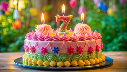 7th Birthday Cake on Wooden Table with Blurred Garden Background. Perfect for: Outdoor Birthday Parties, Nature-themed Celebrations, Children's birthday celebrations, Garden parties, Family gatherings