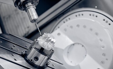 Banner industry CNC, milling machine process cutting turbine impeller and blades part by mill tool, blue light toning