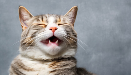 Obraz premium Happy funny cute fluffy white, orange, grey tabby kitty cat with closed eyes smiling with mouth open facing front on light gray textured wall background.
