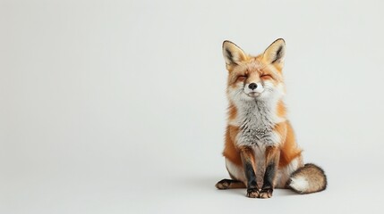   Fox sitting on white surface, eyes closed, head turned to side
