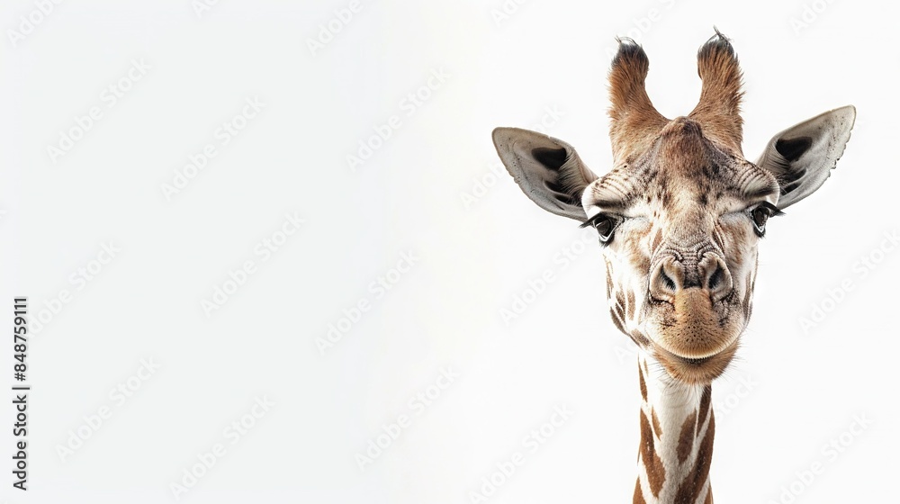 Poster   White giraffe head and neck against blue background