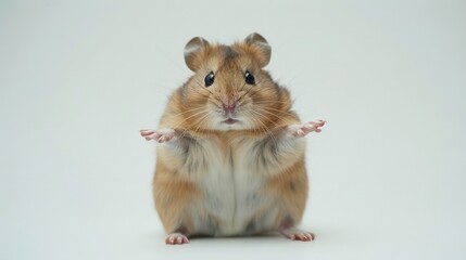   A brown and white hamster stands on hind legs in front of a white background, lifting front paws