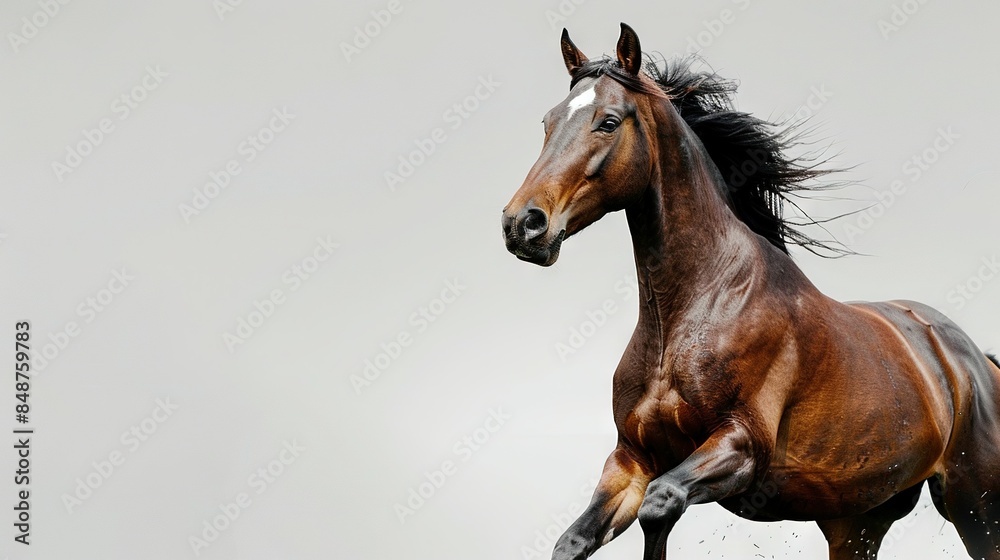 Wall mural brown horse galloping in a field, sporting white and black stripes on its hindquarters and face - Wall murals