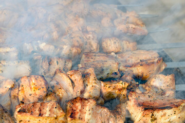 Smoke rises from the grill as a skewer of meat is grilled. A close-up view