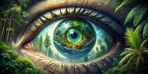 Eye of the planet with a jungle inside, depicted in digital art style painting, planet, eye, jungle, digital art,painting