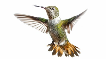   Hummingbird flying gracefully with wings extended and tilted head