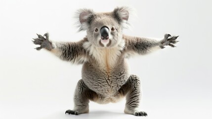 Obraz premium A koala standing upright against a white backdrop, arms extended outward