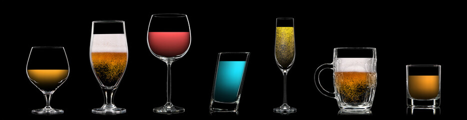 Silhouette of multicolor neon different glasses on black background