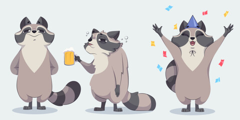 Funny racoon characters set isolated on white background. Vector cartoon illustration of animal mascot standing happy, drinking beer glass with hangover, celebrating holiday at party with confetti