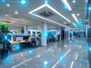 modern office room with illustration of glowing wifi and wireless network signals