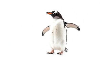 Obraz premium A penguin standing on two hind legs in front of a white background with a black and white penguin on its back legs