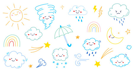 Cloud rain weather cartoon cute set. Cloud, sun, moon weather character with smile and angry face. Hand drawn doodle sketch style. Rainbow, wind, tornado doodle character. Vector illustration.