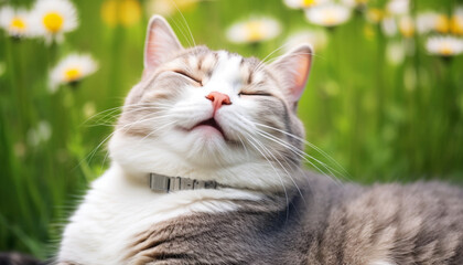 Happy funny cute fluffy sleepy white, orange, grey tabby kitty cat with closed eyes facing front relaxing lying on green meadow grass with white daisy flowers background.