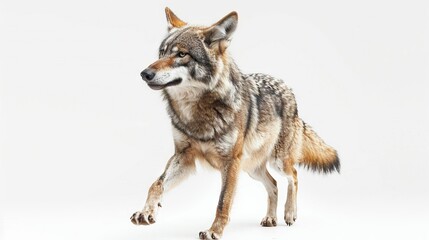 Fototapeta premium A wolf in profile view on white, facing camera with a serious expression