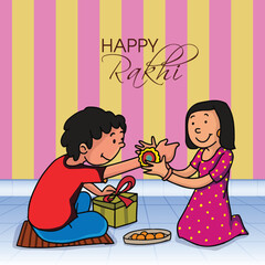 Cute Indian Sister Tying Rakhi on Her Brother Wrist with Gift Box for Happy Raksha Bandhan Concept.