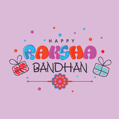 Colorful Happy Raksha Bandhan Text with Gift Boxes on Pastel Purple Background.