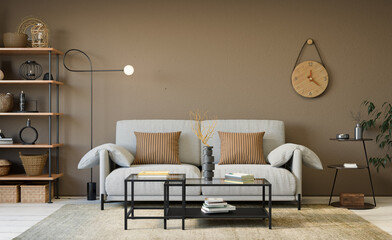 Interior design of modern apartment with racks and comfortable white sofa, 3d render
