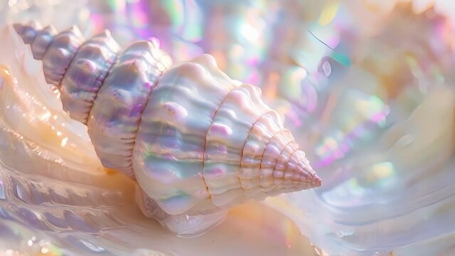 The overall surface of the seashell has a pearlescent quality with hints of pink blue and green shining through the white exterior in a subtle yet enchanting way.