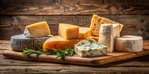 A close-up photo of a variety of cheeses on a rustic wooden board, cheese, dairy, food, gourmet, appetizer, snack, milk