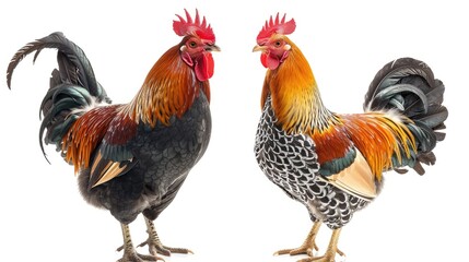 Fototapeta premium Isolated Rooster and Chicken on White Background with Clipping Path