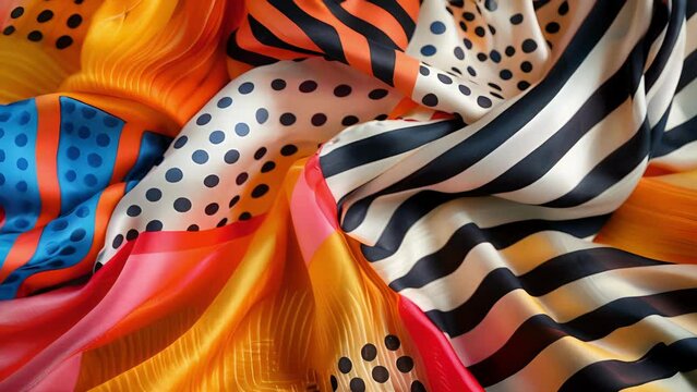 A closer look at a silk scarf featuring a mix of vibrant stripes and polka dots perfect for adding a pop of color to any outfit.