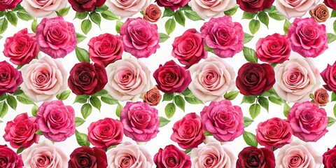 Seamless pattern with red and pink roses on a white background, floral, flowers, botanical, vintage, romantic, elegant
