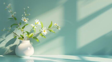 A white ceramic vase with daisies on the table, sunlight shining through the window creating light and shadow on the pastel green wall background