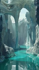 Abstract fantasy place with street, stairs, and tunnel. HD and 4K wallpapers for desktop. Turquoise background. Landscape background.