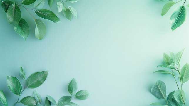 Green leaves on pastel blue background with copy space for text, spring nature template for design and decoration