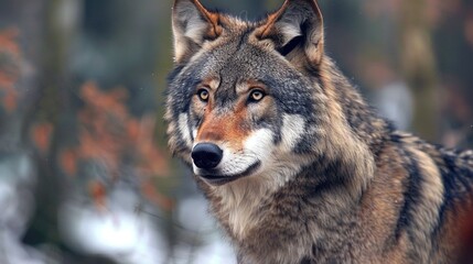 Obraz premium A close-up of a wolf's face with trees in the background and snow on the ground in the foreground