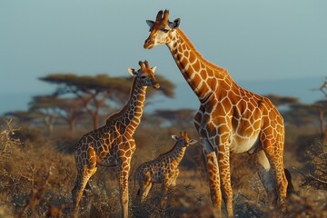 Fototapeta premium A baby giraffe standing close to its mother in the savannah, looking up at her. The background includes acacia trees and a clear blue sky