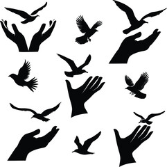 Hand releasing flying bird silhouette, vector art, freedom concept