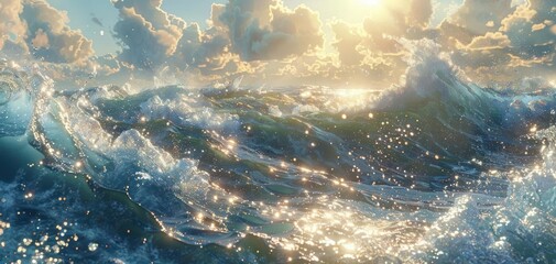 Beautiful sunlit ocean waves with sparkling sunlight reflecting off the water, capturing the...
