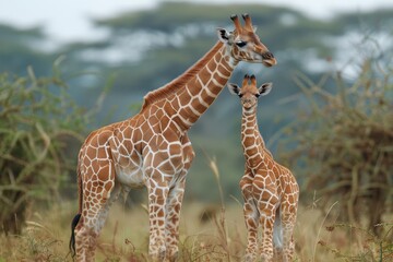 Obraz premium A baby giraffe standing close to its mother in the savannah, looking up at her. The background includes acacia trees and a clear blue sky