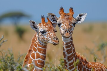 Obraz premium A baby giraffe standing close to its mother in the savannah, looking up at her. The background includes acacia trees and a clear blue sky