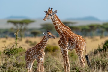 Obraz premium A baby giraffe standing close to its mother in the savannah, looking up at her. The background includes acacia trees and a clear blue sky