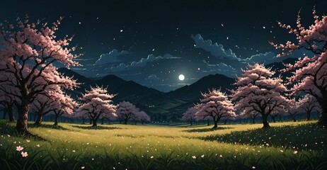 sakura blossom trees blooming in dark night park meadow tree orchard. scattered petals blowing in wind. nature landscape tree and mountain template background.