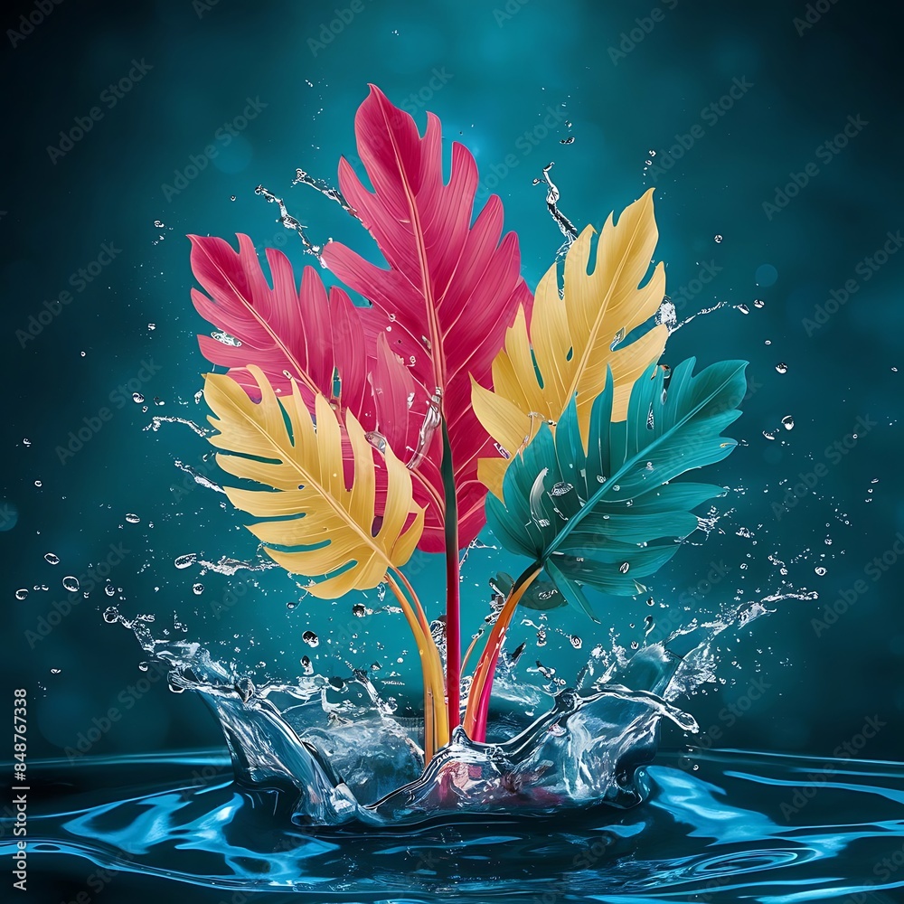 Wall mural A vibrant and dynamic scene featuring colorful tropical leaves in shades of pink