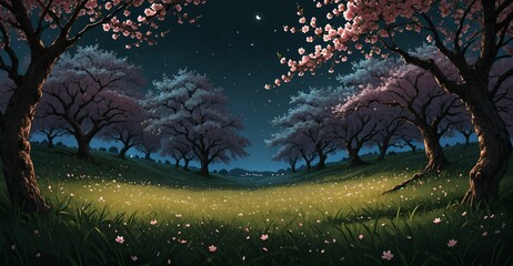 sakura blossom trees blooming in dark night park meadow tree orchard. scattered petals blowing in wind. nature landscape tree and mountain template background.