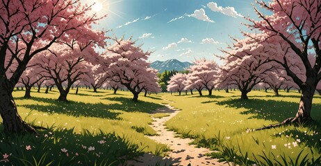 Obraz premium sakura blossom trees blooming in sunny park meadow tree orchard. nature landscape tree and mountain template background.