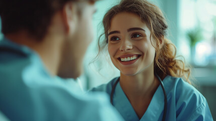 Fototapeta premium Female doctor smiling in front of colleague. ai generated