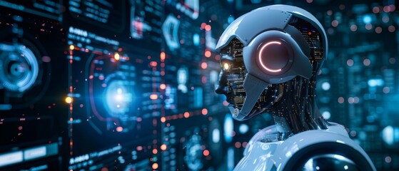 Futuristic AI robot analyzing data on digital screens, representing advanced technology and artificial intelligence in a cyber environment.