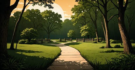Fototapeta premium park in woods summer. sidewalk with forest trees, grass, and rocks. green meadow prairie path with cabin lodge and gazebo with sunrays.