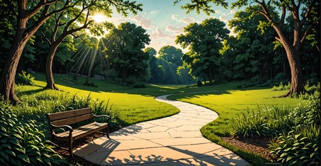 Fototapeta premium park in woods summer. sidewalk with forest trees, grass, and rocks. green meadow prairie path with cabin lodge and gazebo with sunrays.
