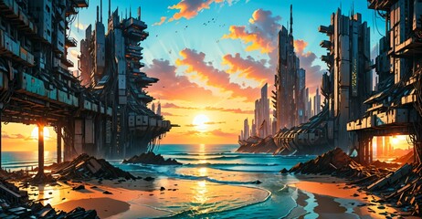 Naklejka premium dystopian sci fi city ocean sunset. cyberpunk science fiction buildings on sea beach shore. tropical metropolis urban coast shoreline.