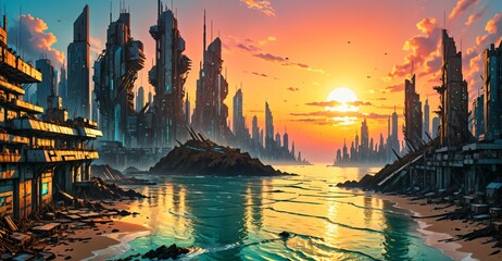 Fototapeta premium dystopian sci fi city ocean sunset. cyberpunk science fiction buildings on sea beach shore. tropical metropolis urban coast shoreline.